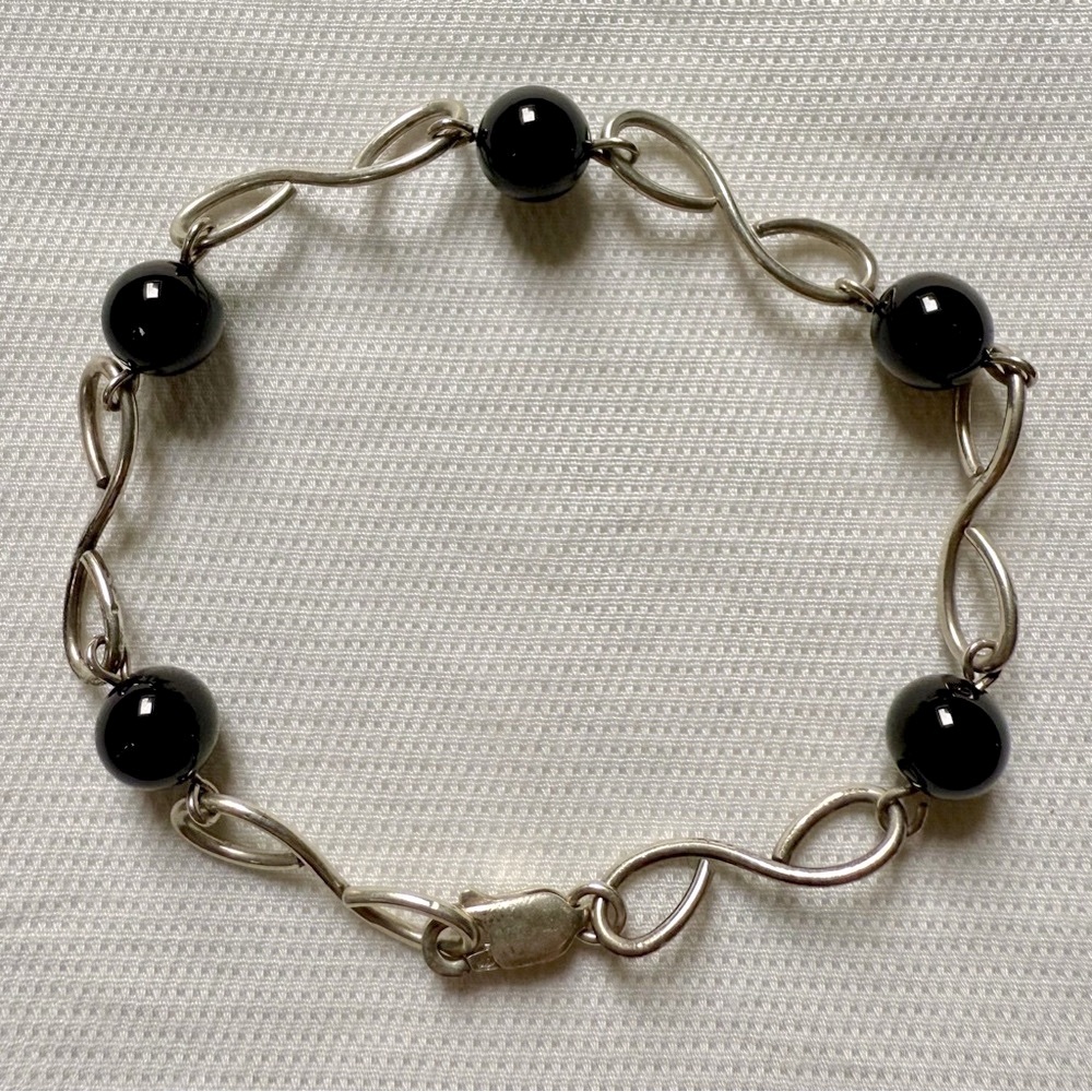 Vintage Obsidian and Sterling Silver Chain Bracelet with Clasp